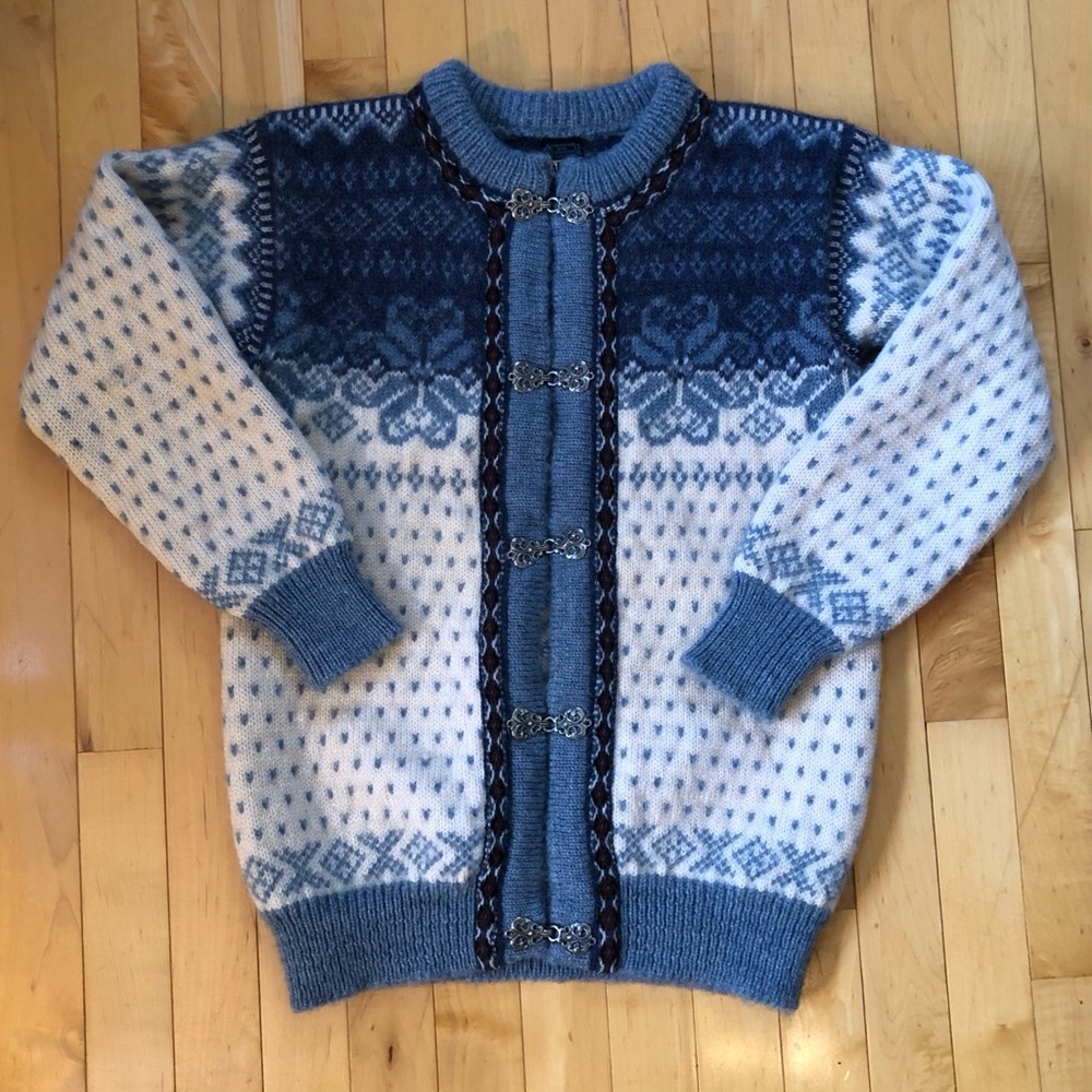 Dale of Norway 100% Wool Blue White Cardigan Sweater Small Cottagecore Grandma